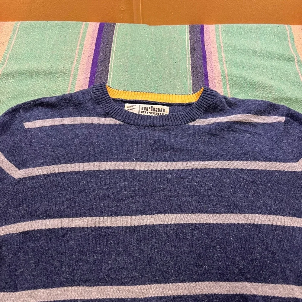 Urban Pipeline Sweater Mens Medium Blue Gray Striped Crewneck Cotton Blend Knit